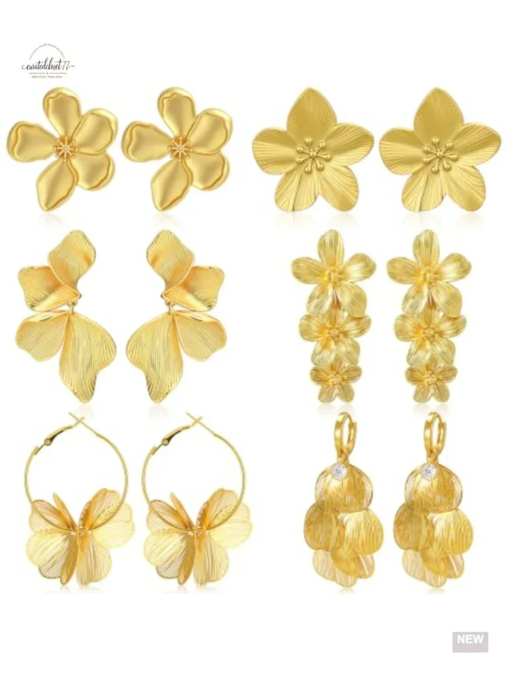 6 Pairs Gold Statement Earrings Set Chunky Geometric Hoop Floral Knot Dangle